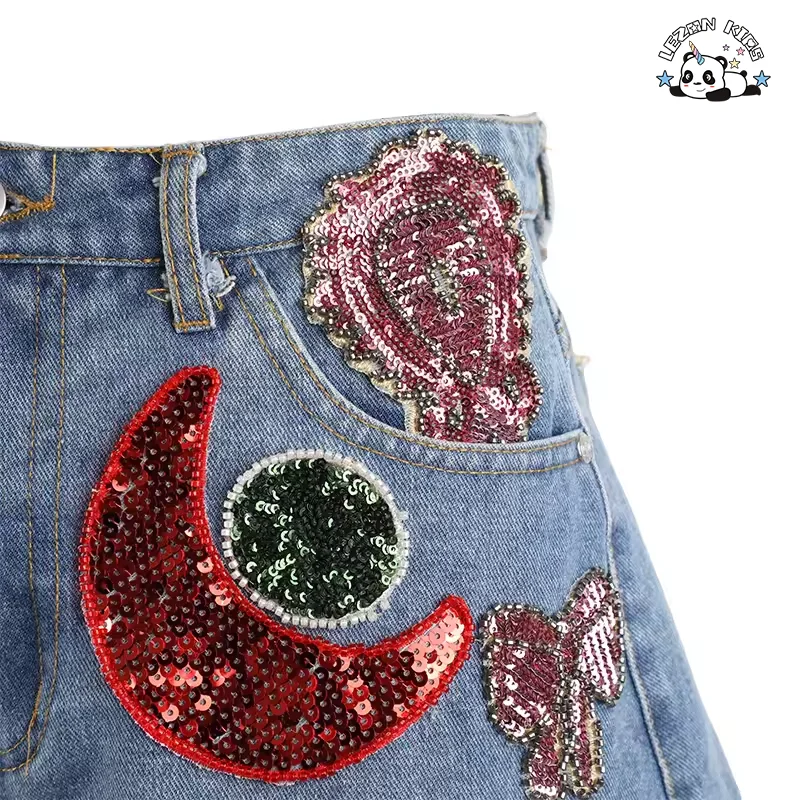 LEZONKIDS - Shorts de jeans personalizados para meninas com lantejoulas, cintura elástica e remendos